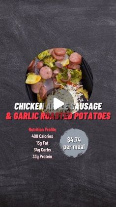 the menu for chicken, sausage and garlic roasted potatoes is displayed on a blackboard