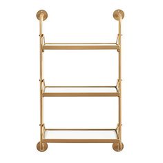 a gold metal shelf with three shelves