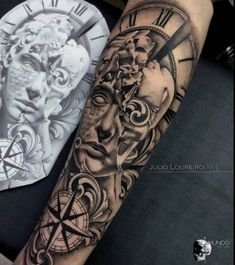 a man's arm with a clock and face tattoo on the left side of his arm