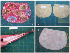 four pictures showing how to sew an origami flowered pot holder cover