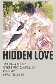 the poster for hidden love with two young women sitting next to each other and one man holding