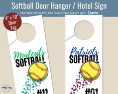 two door hangers with softballs and stars on them, one has the word'softball