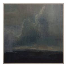 an abstract painting with dark colors and clouds in the sky above it, on a brown background