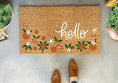 Oranges Outdoor Doormat Apartment Door Mat Ideas, Front Doormat Ideas, Custom Welcome Mat, Door Mat Painting, Painted Door Mat Ideas, Welcome Home Newlyweds, Doormat Painting Ideas, Diy Doormat Paint, Fall Doormat Ideas