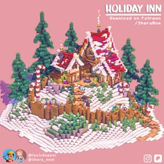 an image of a pixelated holiday house with trees and snow on the ground, in front of a pink background