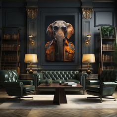 an elephant with glasses on it's head sitting in a living room next to two green leather chairs