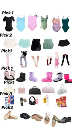 a bunch of different types of clothes and shoes for dolls that look like barbies