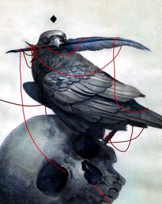 a drawing of a bird sitting on top of a human skull with wires attached to it