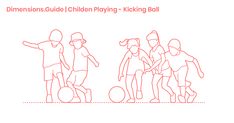 a line drawing of children playing kicking ball, with the text dimensionss guide to children playing kicking ball