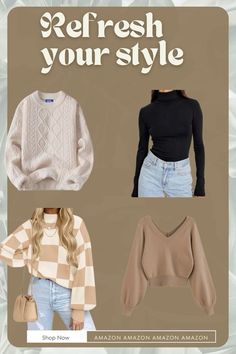 three sweaters with the words refresh your style in front of them and an image of