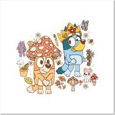 two cartoon characters are standing next to each other in front of mushrooms and butterflies on a white background