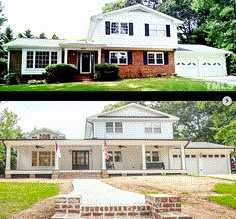 before and after pictures of a house with white siding, red brick accents and black shutters