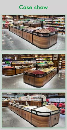 three pictures show different types of food in the store