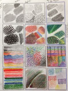 several different colored pencils are shown in this drawing book, each with different lines and shapes