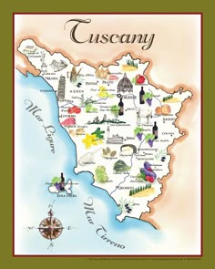 a map of the region of cuscany with its towns and wine bottles on it