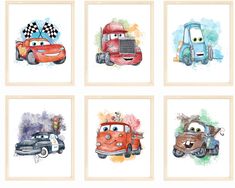 four watercolor paintings of cars and trucks in different colors, each with a cartoon character