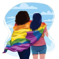 two women wrapped in rainbow colored blankets are looking out at the sky and clouds behind them