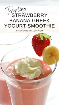 a strawberry banana greek yogurt smoothie is garnished with whipped cream