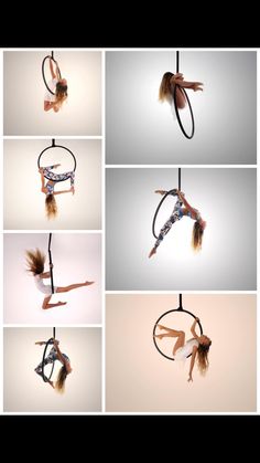 multiple images of a woman doing aerial acrobatic tricks on the hoop with her hands