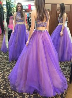 MC126,Two piece prom dress,beaded a-line evening dresses,halter tulle long formal dress · More Cheer Dress · Online Store Powered by Storenvy Light Purple Prom Dress, Two Piece Evening Dresses, Chic Prom Dresses, Lavender Prom Dresses, Purple Prom, Backless Evening Dress, Custom Prom Dress, Chic Gowns, Purple Prom Dress