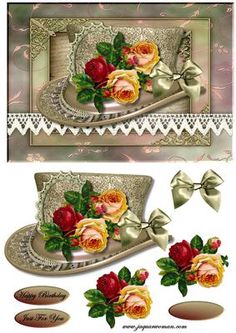 a card with roses and bows on the front, and two different images in the back