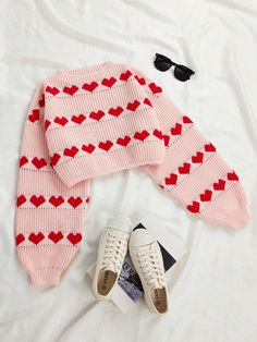 Sweater With Heart-Shaped Pattern Multicolor Casual  Long Sleeve Fabric Heart Pullovers Slight Stretch  Women Clothing, size features are:Bust: ,Length: ,Sleeve Length: Crop Pullover, Fabric Heart, Women Sweaters, Fashion Wishlist, Womens Crewneck, Knitwear Women, Heart Print, Shape Patterns, Brandy Melville