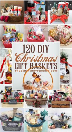 a collage of christmas gift baskets with the words, 120 diy christmas gift baskets