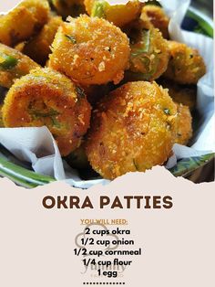 an advertisement for okra patties is shown on a plate with napkins around it