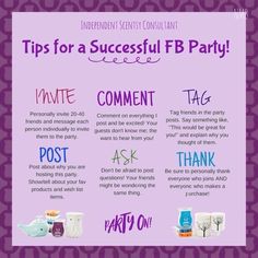 a purple poster with the words tips for successful fb party written in different languages