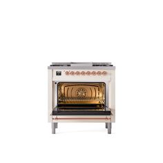 an oven with the door open and it's light on in front of a white background