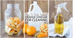 an orange vinegar for cleaning is shown in three pictures