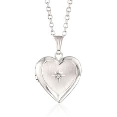 Child's Diamond Accent Heart Locket Necklace in Sterling Silver. 15" | Ross-Simons Gold Heart Locket Necklace, Essential Jewelry, Engraved Bangle Bracelet, Sterling Silver Locket Necklace, Jewelry Presentation, Diamond Locket, Heart Bangle Bracelet, Silver Locket Necklace, Gold Heart Locket