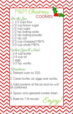 a recipe for christmas cookies on a red and white chevron background