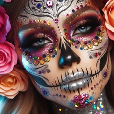 Day Of The Dead Face Painting, Day Of The Dead Makeup Half Face, Day Of The Dead Make Up, Sugar Skull Makeup Pretty, Easy Sugar Skull Makeup, Mexican Sugar Skull Art Beautiful, Face Painting Designs Creative, Sugar Skull Makeup Easy, Skull Makeup Ideas