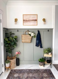 a room with a rug, potted plants and a coat rack on the wall