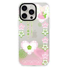 an iphone case with pink and green designs