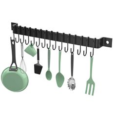 a rack with pots and pans hanging from it's sides, holding utensils