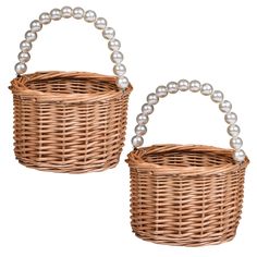 two wicker baskets with pearls on the handles