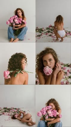 a woman sitting on the ground with flowers in her mouth and hands behind her head