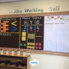 a bulletin board with numbers and symbols on it in front of a wall that says maths working call