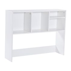 a white bookcase with two open shelves on the top and one closed shelf below