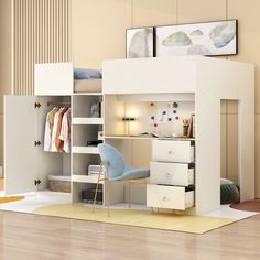 a white loft bed sitting on top of a hard wood floor next to a dresser