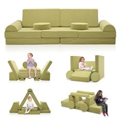 the children are sitting on the green couches