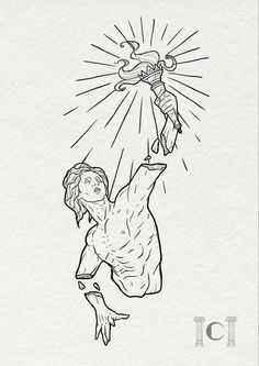 a drawing of jesus holding the cross with his hands and arms in the air, while he