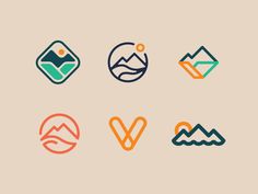 six different logos with mountains and hills in the background, including one for each letter