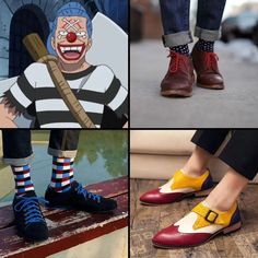 four different pictures of clowns wearing striped socks and shoes, one with a baseball bat