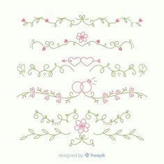 a set of hand drawn designs with hearts, flowers and leaves on white paper background