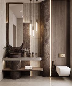 a modern bathroom with marble walls and flooring