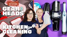 two women standing next to each other in front of kitchen cleaning supplies and appliances on purple background