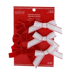 "Purchase the Mini Red & White Bow Decorations, 6ct. by Ashland® at Michaels. Bring festive cheer to your holiday décor with this charming set of red and white bows from Ashland. Bring festive cheer to your holiday décor with this charming set of red and white bows from Ashland. These bows will be right at home on a mini Christmas tree on your side table or mantel. Details: Red and white 2.3\" (5.8 cm) each Set of 6 bows Polyester For indoor use | Mini Red & White Bow Decorations, 6ct. by Ashlan Bow Decorations, Mini Christmas Tree, Mini Christmas, Christmas Minis, White Bow, Christmas Crafts, Red White, Red And White, Side Table